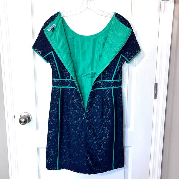 Cynthia Rowley Wms 10 Short Sleeve Blue Green Lace Floral Overlay Sheath Dress - Picture 6 of 9